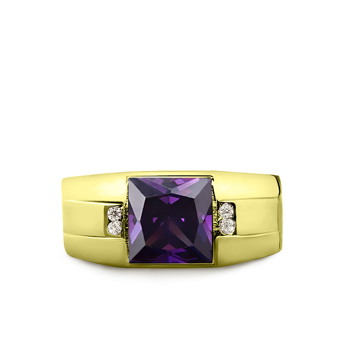 14K Real Yellow Fine Gold Purple Amethyst Ring For Men 4 Natural Diamond Accents