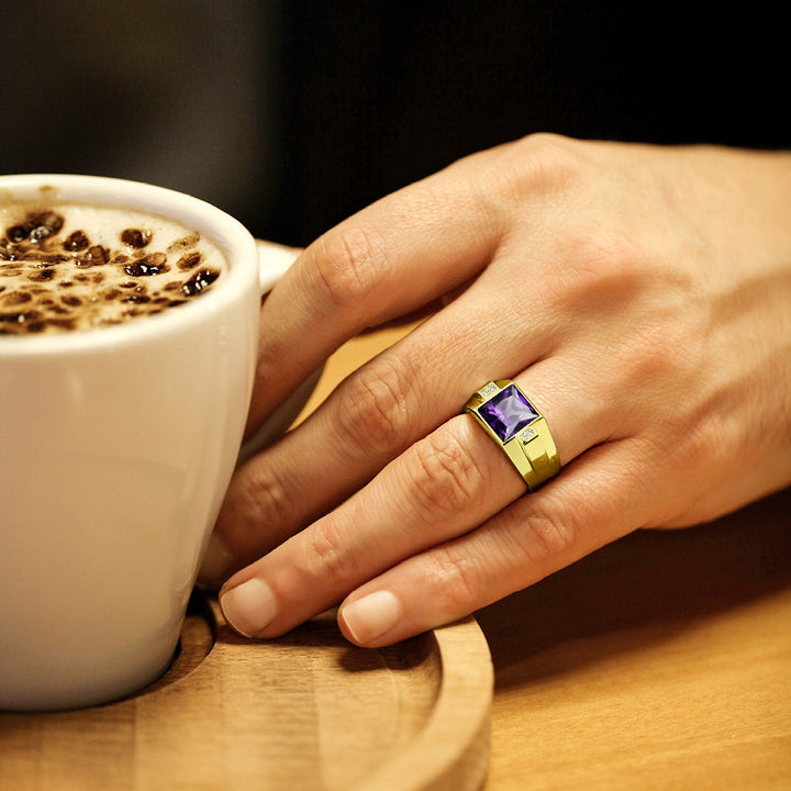 18K Gold Plated 925 Solid Silver Mens Purple Amethyst Ring 4 Diamond Accent