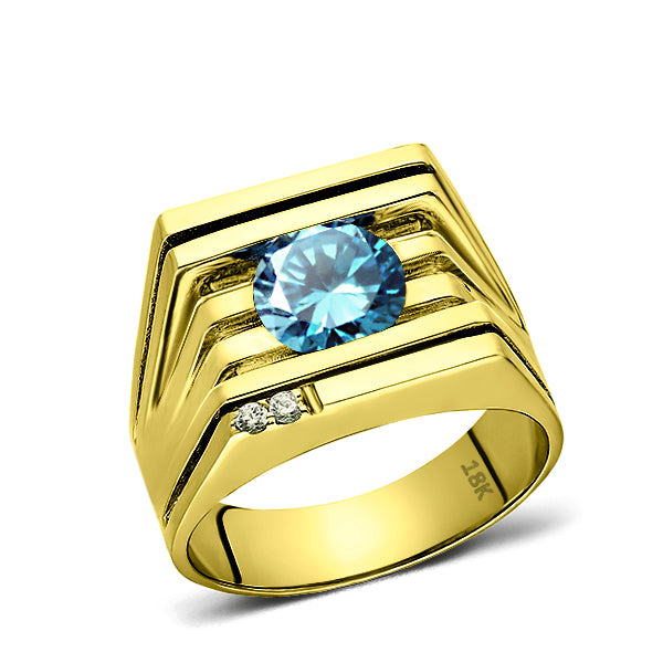 Solid 18K YELLOW GOLD Mens Ring REAL with Blue Topaz and GENUINE DIAMO ...
