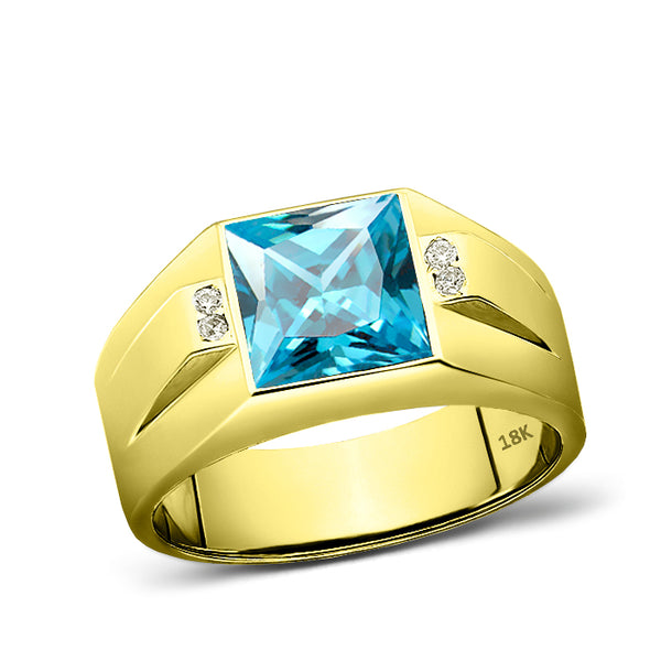 18K Yellow Gold Mens Ring Blue Aquamarine and 4 Diamond Accents Ring For Man