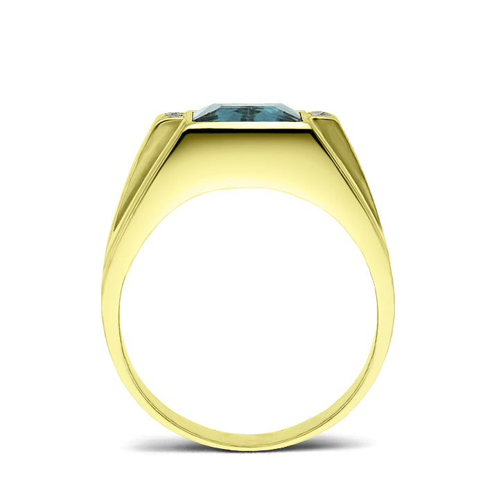 14K Yellow Gold Mens Ring Blue Aquamarine and 4 Diamond Accents Ring For Man