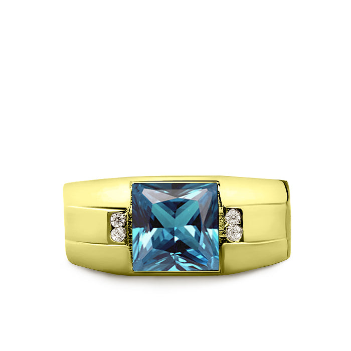 Solid 10K Yellow Gold Aquamarine Mens EXCLUSIVE Heirloom Jewelry 4 Diamonds Ring