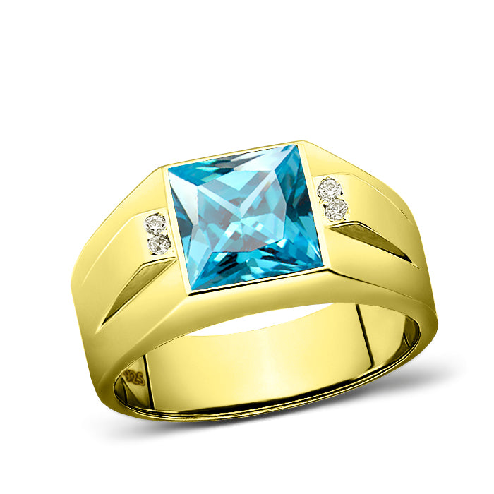 18K Gold Plated Solid Silver Mens Aquamarine Gemstone 4 Diamond Accents Ring