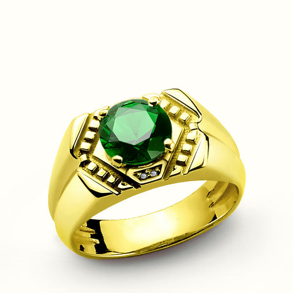 Men's Ring with Green Emerald and Diamonds in 14k Yellow Gold