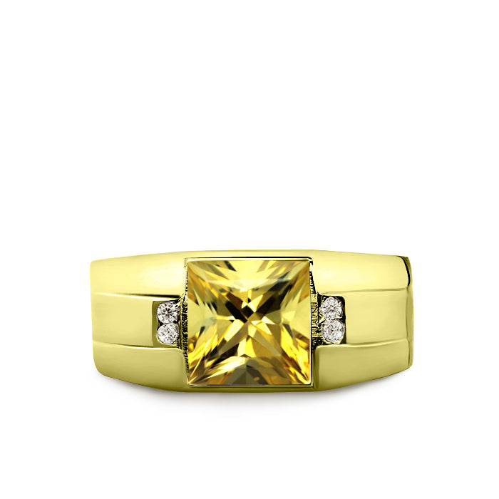 18K Gold Plated 925 Solid Silver Mens Yellow Citrine Ring 4 Diamond Accent