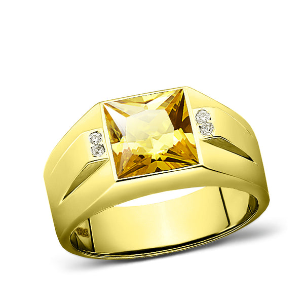 18K Gold Plated 925 Solid Silver Mens Yellow Citrine Ring 4 Diamond Accent