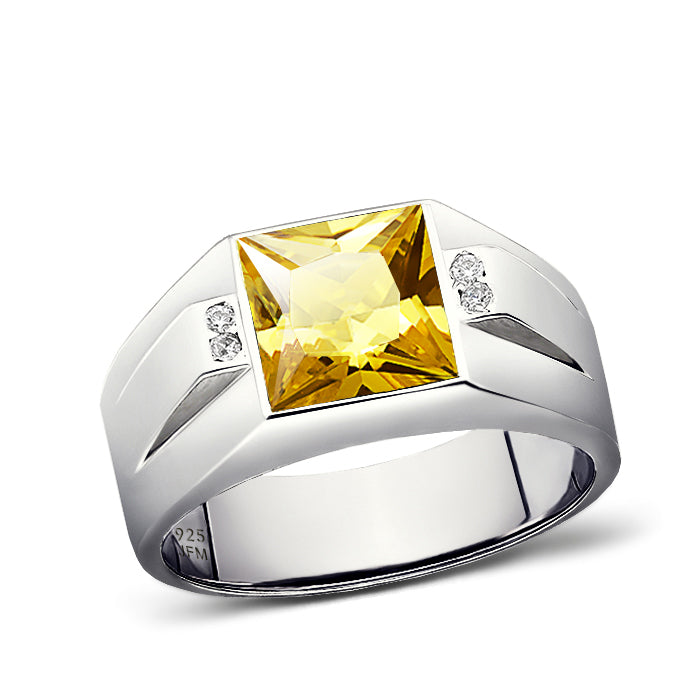 Gemstone Wide Band Ring for Men with 4 Genuine Diamonds citrine