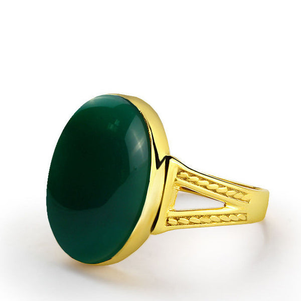 14k Yellow Gold Men's Ring with Green Agate, Natural Stone Ring for Men