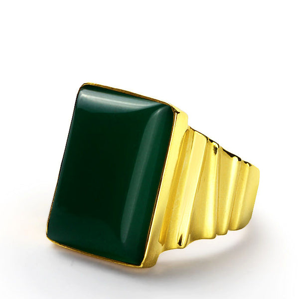 Men's Statement Ring in 14k Yellow Gold with Green Agate Natural Stone