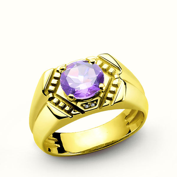 Men's Diamonds Ring in 10k Yellow Gold with Amethyst Gemstone