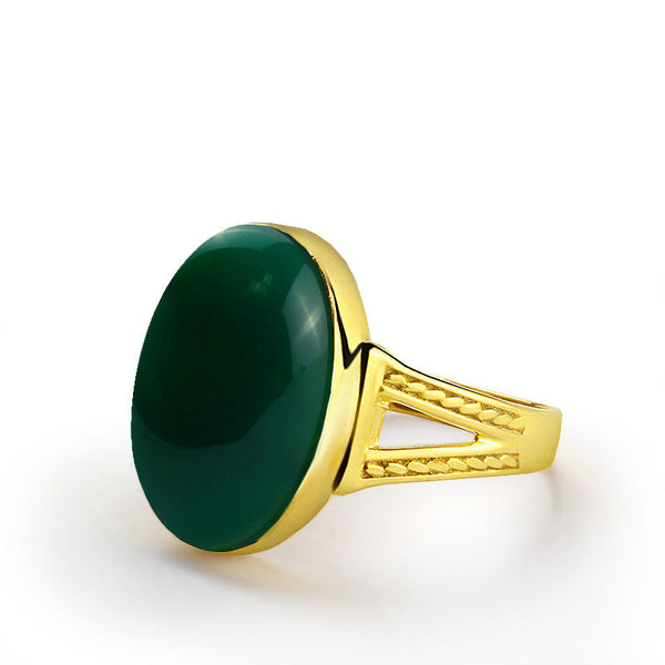 10k Yellow Gold Men's Ring with Green Agate Natural Stone