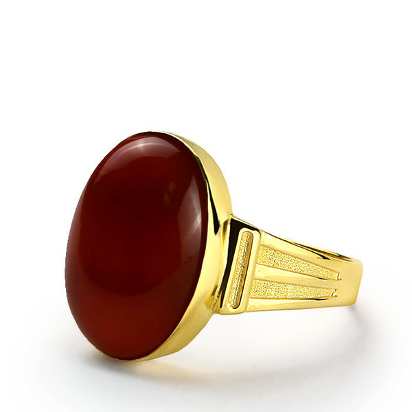14k Yellow Gold Men's Ring with Red Agate Natural Stone
