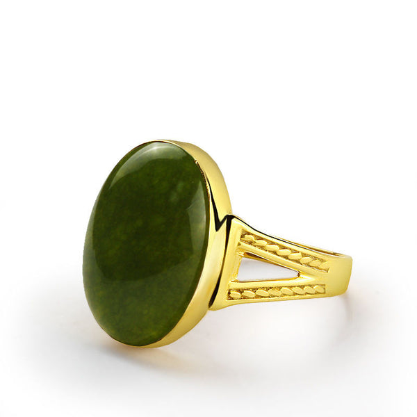 Men's Ring in 10k Yellow Gold with Green Agate, Natural Stone Ring for Men