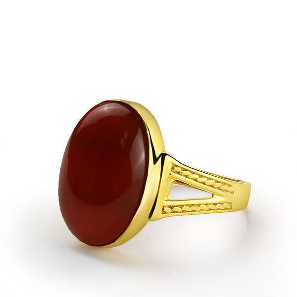 10k Yellow Gold Men's Ring with Natural Red Agate Stone