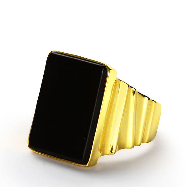 Men's Ring in 14k Yellow Gold with Natural Black Onyx Stone