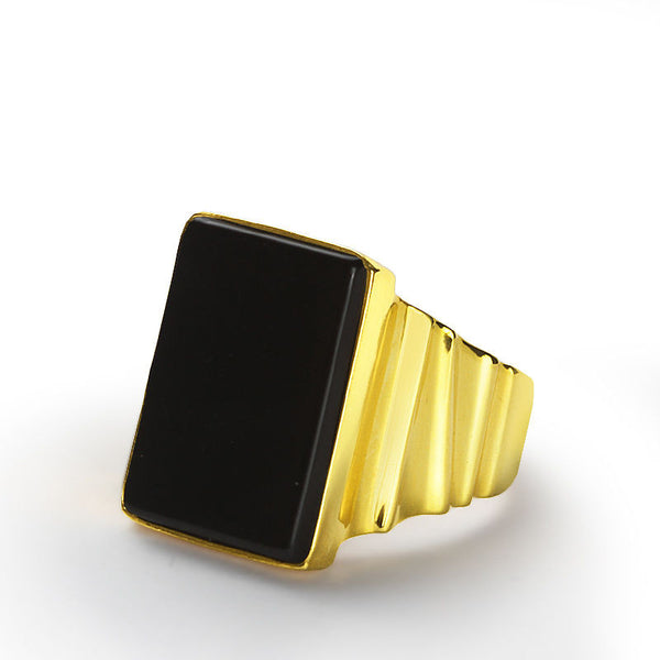 Men's Ring in 10k Yellow Gold with Natural Black Onyx Stone