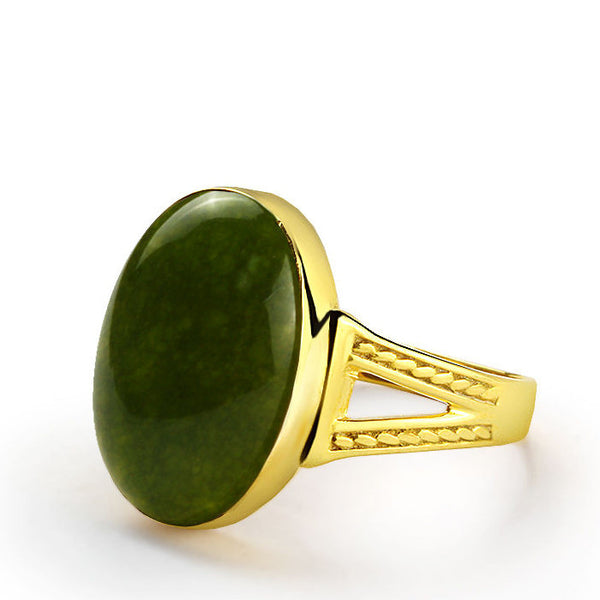 Men's Ring in 14k Yellow Gold with Green Agate Stone