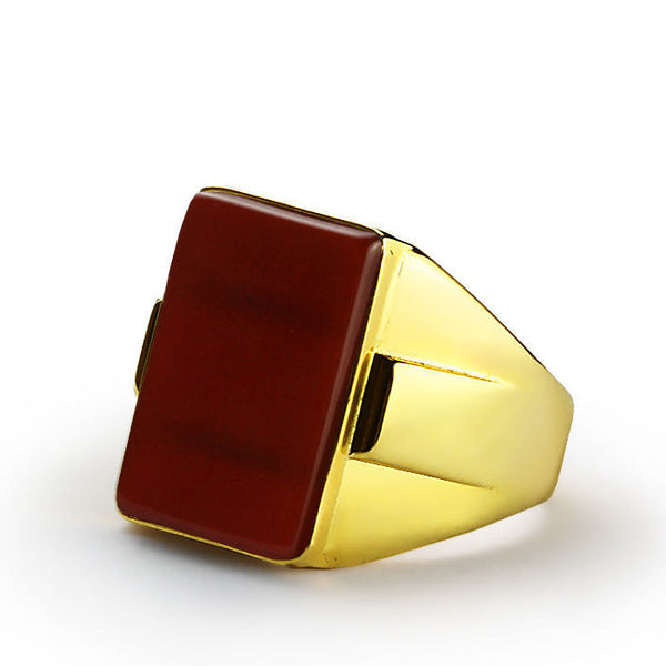 10k Yellow Gold Men's Ring with Red Agate Stone, Statement Ring for Men