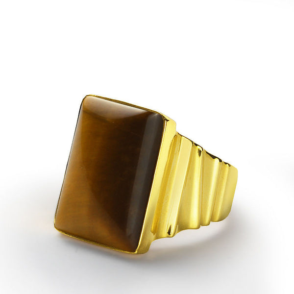 Men's Ring Natural Tiger's Eye in 10k Yellow Gold, Statement Ring for Men