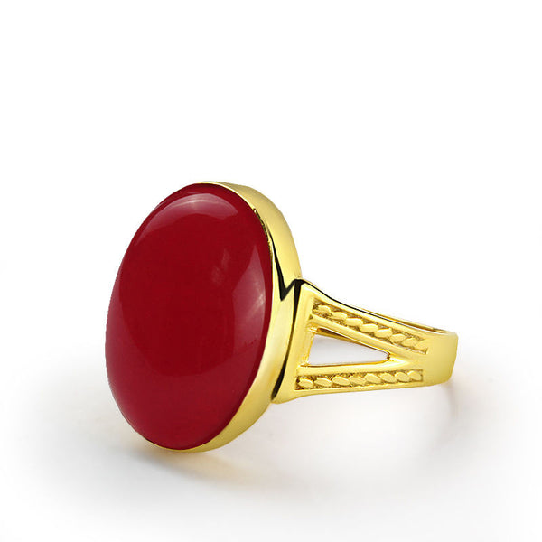 Statement Men's Ring 10k Yellow Gold with Natural Red Agate Stone