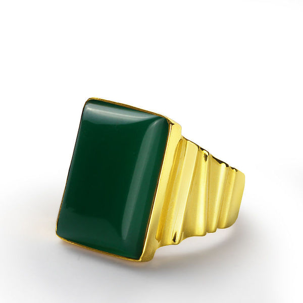 Men's Ring in 10k Yellow Gold with Natural Green Agate, Men's Statement Ring