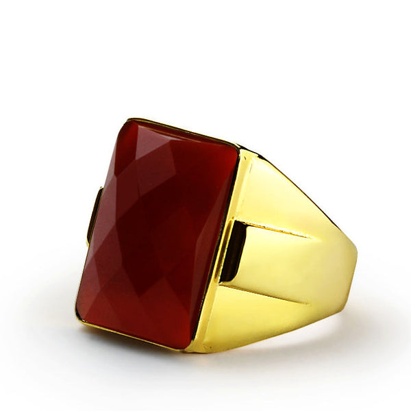 Red Agate Men's Ring in 10k Yellow Gold, Natural Stone Statement Ring