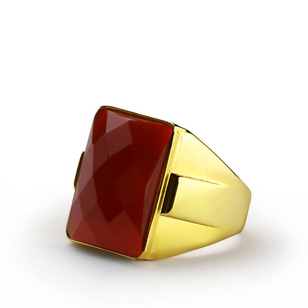 14k Yellow Gold Men's Ring with Natural Red Agate Stone