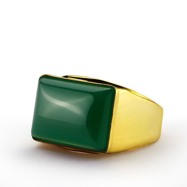 Men's Ring in 10k Yellow Gold with Green Agate Natural Stone