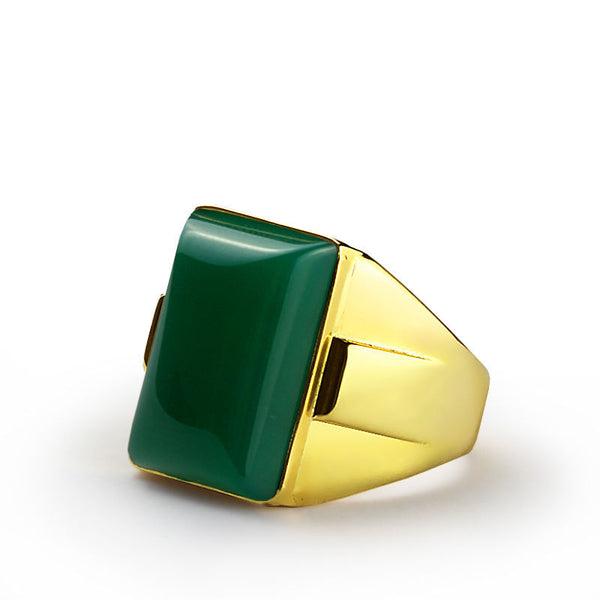 Men's Ring in 14k Yellow Gold with Natural Green Agate Stone