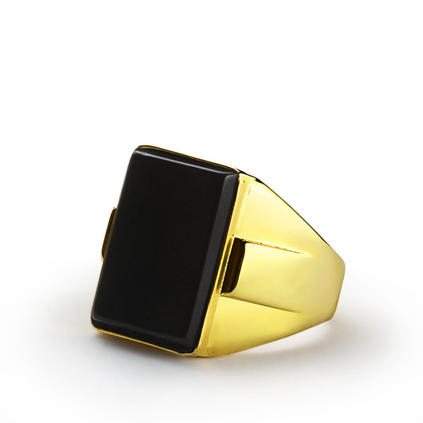 14k Yellow Gold Men's Ring with Black Onyx Stone, Statement Ring for Men