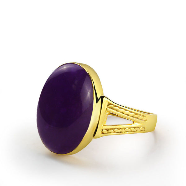 10k Yellow Gold Men's Ring with Purple Agate Natural Stone