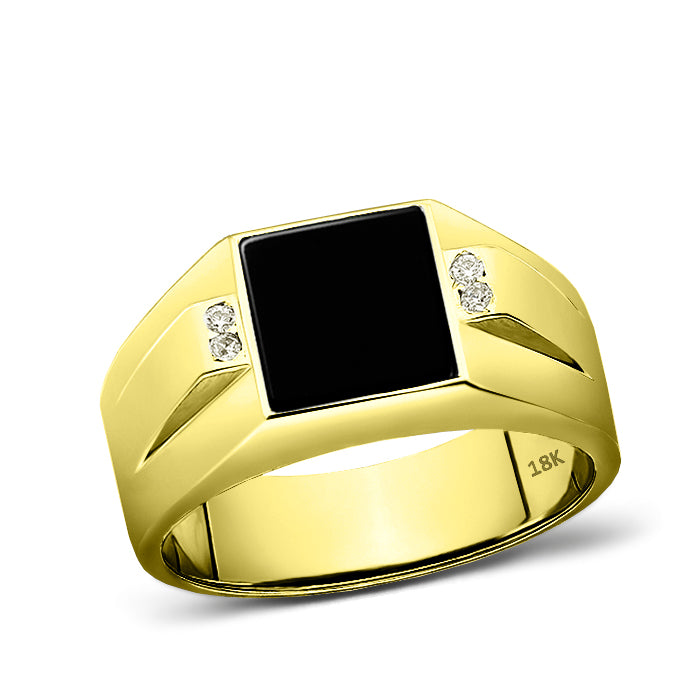 18K Solid Yellow Fine Gold Black Onyx Mens Ring 4 Natural Diamond Accents