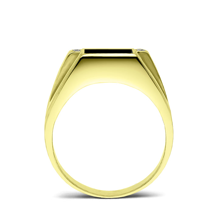Mens 18K Yellow Gold Plated Silver Ring With Black Onyx and 4 Natural Diamonds