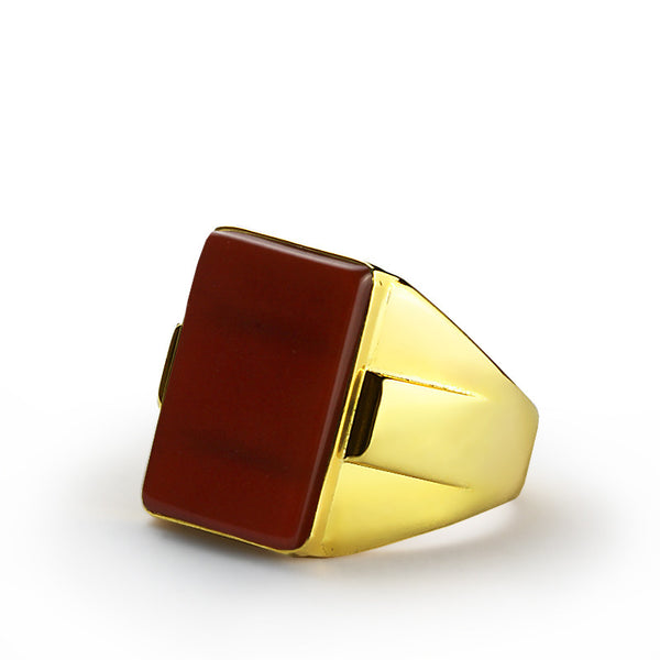 Men's Ring with Natural Red Agate Gemstone in 14k Yellow Gold