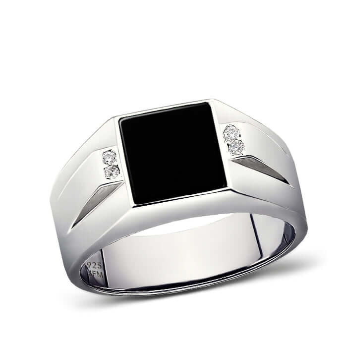 925 Silver Ring for Men with Square Natural Stone & Diamonds