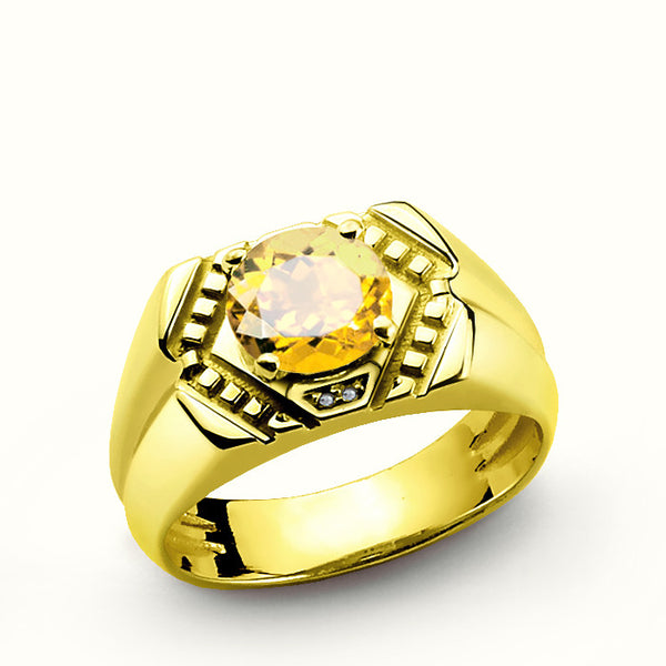 Men's Ring with Citrine and Genuine Diamonds in 14k Yellow Gold