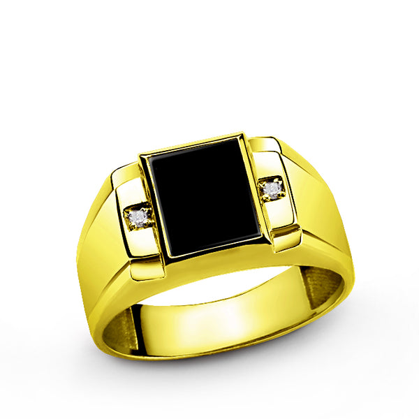 Mens Ring 18k Fine Solid Gold with Black Onyx and 2 DIAMOND Accents
