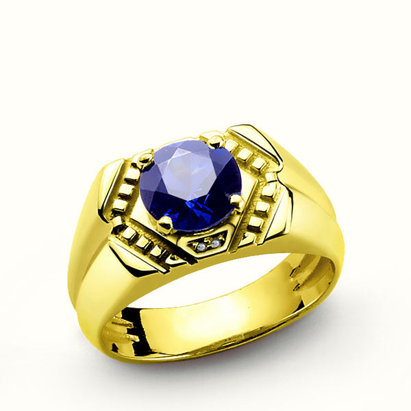 Blue Sapphire Men's Ring in 10k Yellow Gold with Genuine Diamonds, Statement Ring for Men