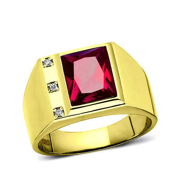 18K Gold Plated on 925 Solid Silver Mens Red Ruby Ring With 3 Diamond Accents