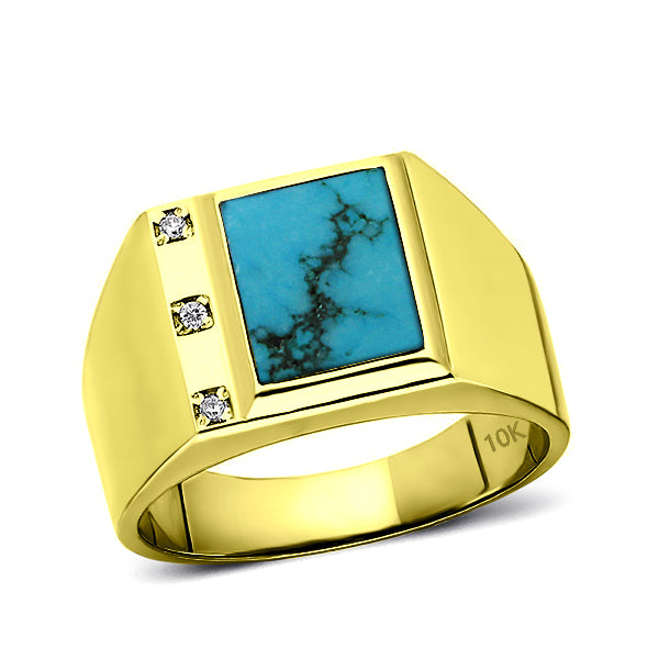 Solid Real 10K Yellow Fine Gold Turquoise Ring for Men with 3 Natural Diamonds