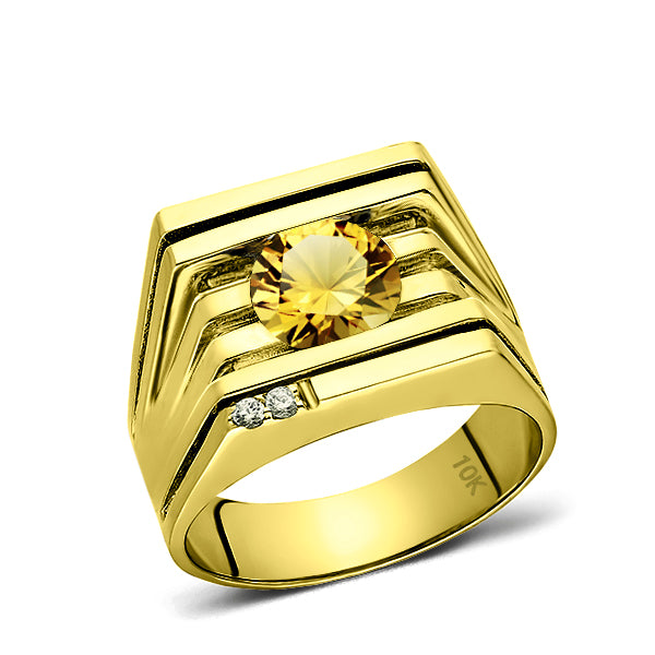 NEW Mens Ring REAL Solid 10K YELLOW GOLD Citrine and 2 DIAMOND Accents