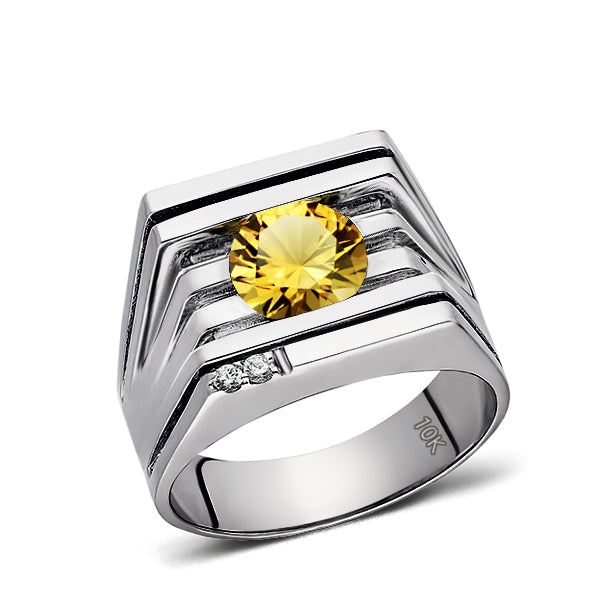 Solid 10K White GOLD Mens Ring REAL with Citrine and 2 DIAMOND Accents