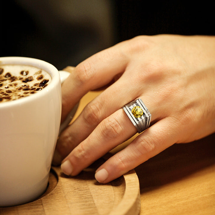 REAL Solid 14K White GOLD Mens Ring Yellow Citrine and 2 DIAMOND Accents