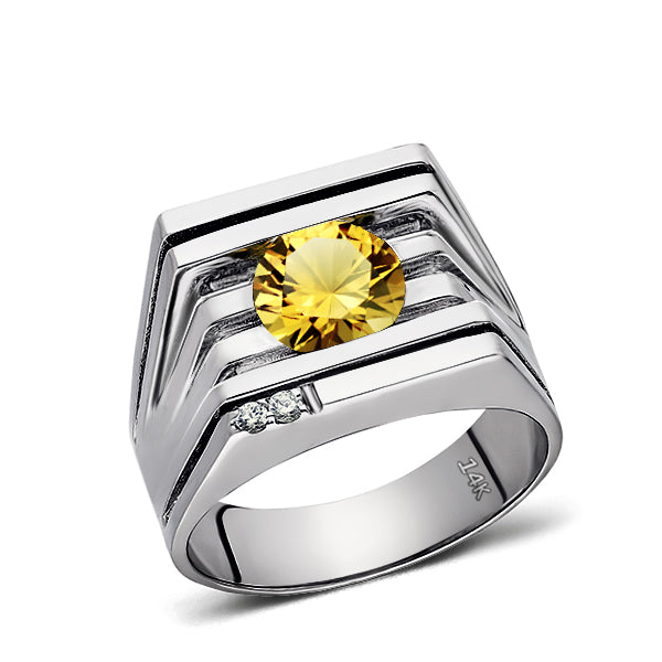 REAL Solid 14K White GOLD Mens Ring Yellow Citrine and 2 DIAMOND Accents