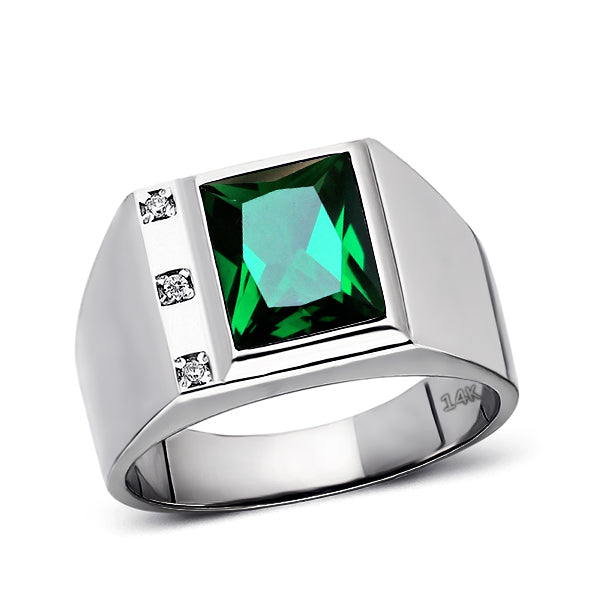 Solid 14K White Gold Emerald Mens Ring 0.06ct Natural Diamonds Ring for Men