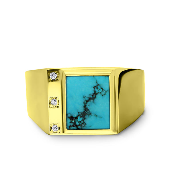 18K Gold Plated on 925 Solid Silver Mens Turquoise Ring With 3 Diamond Accents