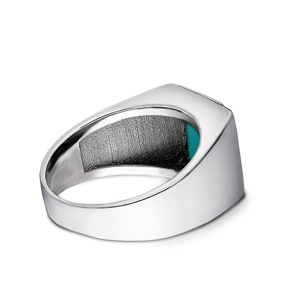 Mens Solid 14K White Gold Turquoise Ring 0.06ct Natural Diamonds Ring for Men