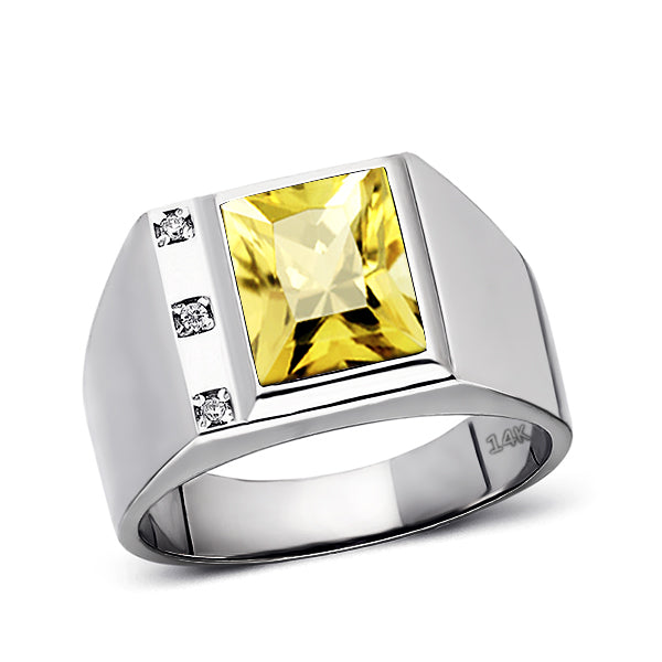 Solid 14K White Gold Citrine Mens Ring 0.06ct Natural Diamonds Ring for Men