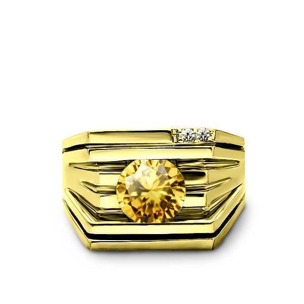 925 Real Solid Silver 18K Gold Plated Citrine 2 Diamond Accent Ring For Men