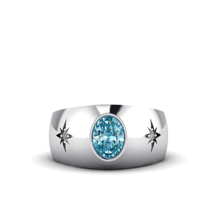 Oval Gemstone Men's Ring 925 Silver Wide Engagement Band  topaz
